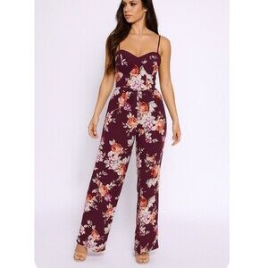 BOG Band of Gypsies - Burgundy Floral Romper POCKETS corset top wide leg SZ M